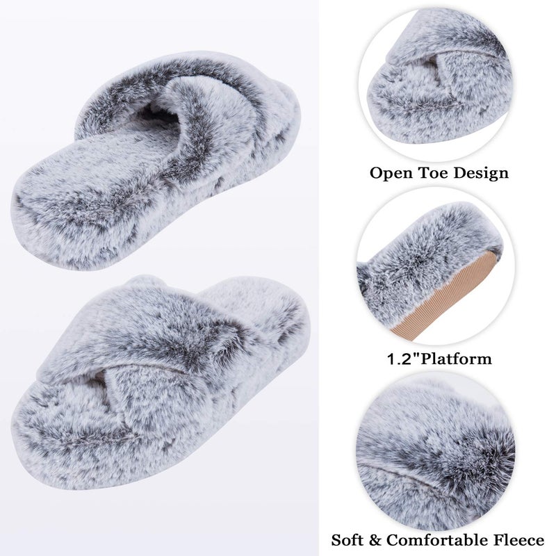 DL Fluffy Womens Cross Band Open Toe Soft Plush Fleece Bedroom Slippers - Memory Foam Comfy Non-Slip Fuzzy Indoor Slippers - Pink, Gray, Black, White - Image 3